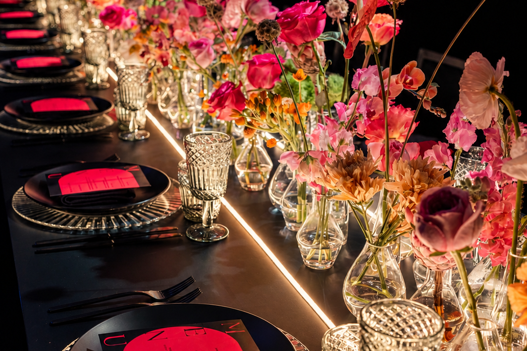 A long table set for dining with black plates, clear textured glass goblets, silver charger plates, and vibrant pink and orange floral centerpieces glowing under warm light against a black background a Bijoubloom design.